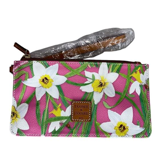 NWOT Dooney & Bourke RARE Daffodil Floral Pink Hawaiian Canvas Leather Wristlet - Picture 1 of 10